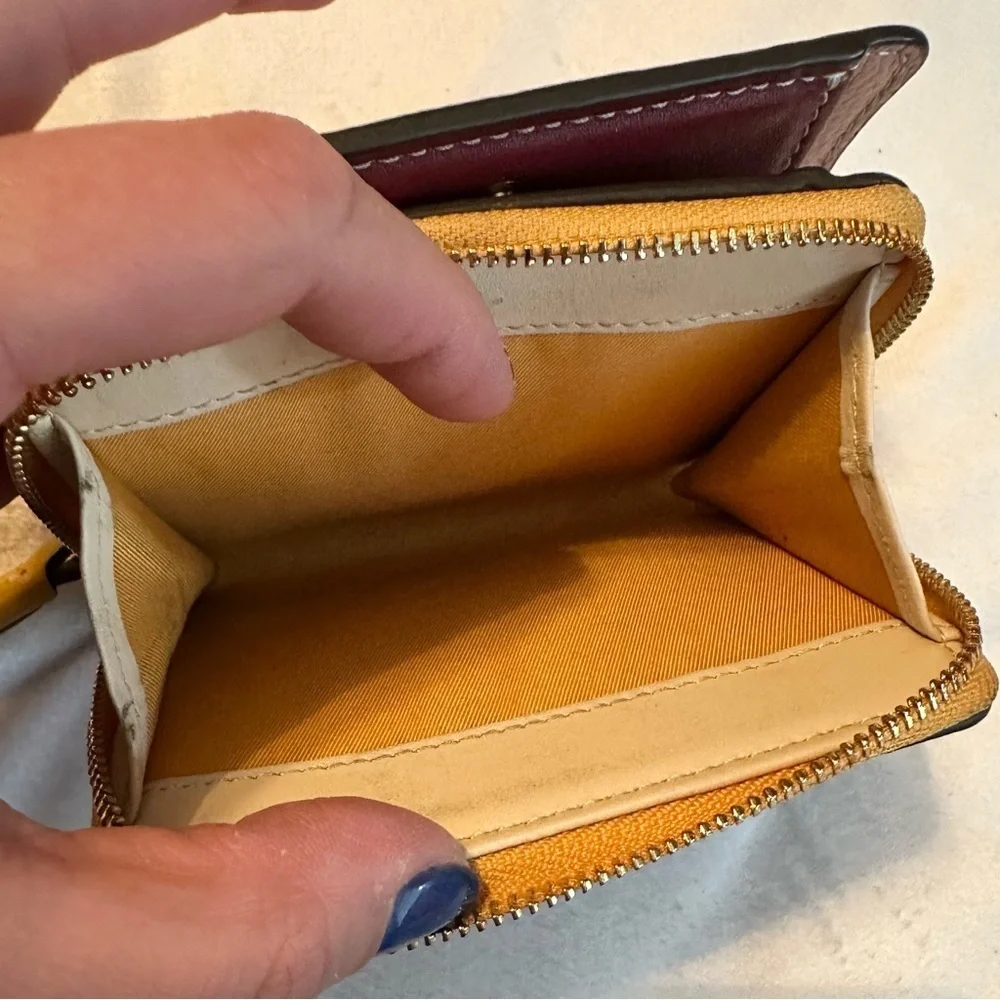 Tory Burch Perry Color Block Bifold Pebbled Leather Wallet pink yellow brown red